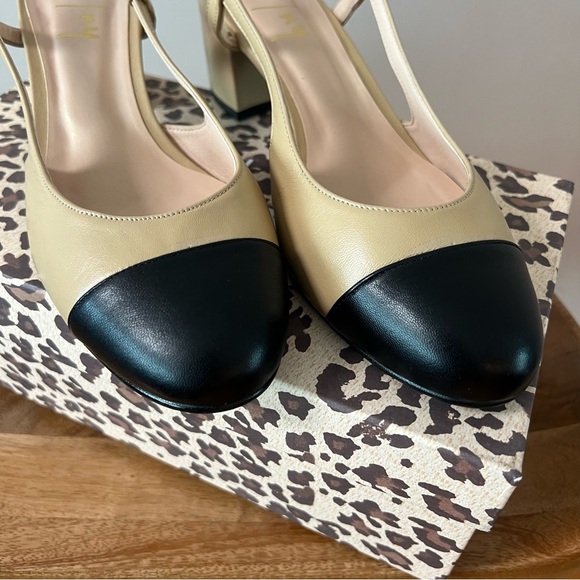 French Sole Beige and Black Slingback Heels - Picture 4 of 7